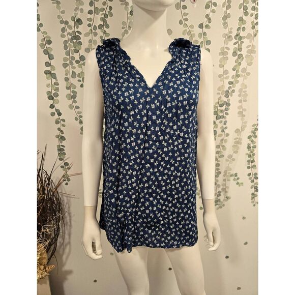 Velvet by Graham & Spencer Blue Spruce Floral Sleeveless Ruffle Neck Top Size L - Picture 4 of 10